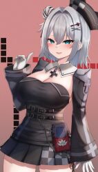 Rule 34 | 1girl, :d, absurdres, azur lane, black shirt, blue eyes, blush, breasts, checkered clothes, checkered skirt, cleavage, cowboy shot, cross, detached collar, detached sleeves, gloves, hair between eyes, hair bun, hair ornament, hairclip, half-closed eyes, hand up, hat, highres, hip focus, index finger raised, iron cross, jade (azur lane), long sleeves, looking back, medium breasts, medium hair, miniskirt, mole, mole under eye, open mouth, pleated skirt, pointing, pointing at self, shirt, single hair bun, skirt, smile, solo, standing, white gloves, white hair, wide sleeves, x hair ornament, yuu cream