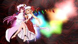 Rule 34 | 2girls, ascot, bad id, bad pixiv id, barefoot, blonde hair, chain, crescent, crescent hair ornament, cuffs, double bun, dress, fangs, flandre scarlet, full body, gradient background, hair bun, hair ornament, hand on another&#039;s knee, hat, hat ribbon, highres, holding hands, long hair, looking at viewer, mary janes, mob cap, multiple girls, open mouth, patchouli knowledge, purple eyes, purple footwear, purple hair, red eyes, ribbon, robe, shackles, shoes, short sleeves, side ponytail, sitting, sitting on lap, sitting on person, skirt, skirt set, smile, striped clothes, striped dress, touhou, very long hair, wings, yanagi 638