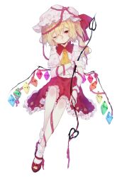 Rule 34 | 1girl, adapted costume, arm ribbon, ascot, backlighting, bare shoulders, blonde hair, bobby socks, crystal, flandre scarlet, frilled skirt, frills, full body, guozimiao, hair between eyes, hat, head tilt, highres, holding, holding polearm, holding weapon, laevatein (touhou), looking at viewer, mary janes, medium hair, mob cap, multicolored wings, one eye closed, pink ribbon, polearm, red footwear, red skirt, ribbon, shirt, shoes, simple background, skirt, socks, solo, touhou, weapon, white background, white hat, white shirt, white socks, wings, yellow ascot
