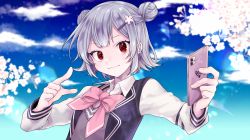 Rule 34 | 1girl, blazer, blue jacket, bow, bowtie, cellphone, cevio, cherry blossoms, cloud, commentary, day, double bun, grey hair, grey sweater, hair bun, hair ornament, hairclip, highres, jacket, koharu rikka, logo, outdoors, phone, pink bow, pink bowtie, pointing, red eyes, school uniform, selfie, short hair, smartphone, smile, solo, sweater, synthesizer v, taking picture, toudou charo, upper body
