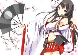 Rule 34 | 1girl, bare shoulders, black hair, bluekalmia, breasts, brown eyes, cherry blossoms, clenched hand, detached sleeves, hand fan, fox mask, japanese clothes, kubota (oshiro project), long hair, looking at viewer, mask, medium breasts, midriff, miniskirt, navel, nontraditional miko, oshiro project:re, sideboob, skirt, smile, solo, standing