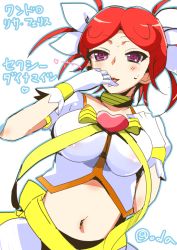 Rule 34 | 10s, artist name, bow, cardfight!! vanguard, cardfight!! vanguard g, gloves, heart, idol, lisa ferris, midriff, navel, oda koziki, purple eyes, red hair, simple background, solo, tongue, tongue out, twintails, white background