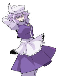 Rule 34 | 1girl, absurdres, apron, arms behind head, closed mouth, eddybird55555, highres, letty whiterock, light purple hair, long sleeves, looking at viewer, polearm, purple eyes, purple hair, purple skirt, purple vest, short hair, simple background, skirt, solo, standing, touhou, trident, vanripper (style), vest, waist apron, weapon, white apron, white background, white headwear