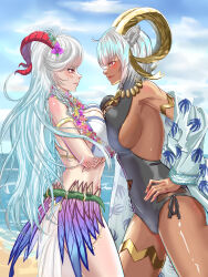 Rule 34 | 2girls, alboeire, animal ears, ankh, arknights, armlet, arms under breasts, bare shoulders, beach, bikini, black one-piece swimsuit, blue hair, blue sky, blush, breast press, breasts, carnelian (arknights), carnelian (shimmering dew) (arknights), cleavage, cloud, cowboy shot, crossover, curled horns, dark-skinned female, dark skin, day, fire emblem, fire emblem heroes, flower, flower necklace, freyja (fire emblem), freyja (summer) (fire emblem), goat ears, goat girl, goat horns, gold horns, grey hair, hair flower, hair ornament, hands on own hips, highres, horizon, horns, jewelry, large breasts, long hair, looking at another, mature female, multicolored hair, multiple girls, navel, necklace, nintendo, ocean, official alternate costume, one-piece swimsuit, outdoors, red eyes, red horns, sand, short hair, sky, smile, stare down, swimsuit, symmetrical docking, trait connection, water, white bikini, white hair