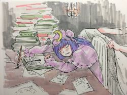 Rule 34 | 1girl, bad id, bad pixiv id, blue ribbon, blush, book, crescent, crescent hair ornament, frilled sleeves, frills, hair ornament, hat, holding, holding pen, indoors, ink bottle, light bulb, long hair, long sleeves, misohagi, mob cap, nib pen (object), open mouth, paper, patchouli knowledge, pen, purple hair, ribbon, sitting, sleeping, table, touhou, writing