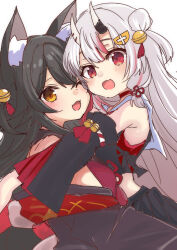 Rule 34 | 2girls, absurdres, animal ear fluff, animal ears, bell, black hair, black sleeves, blush, center-flap bangs, commentary, cowboy shot, detached sleeves, fang, hair bell, hair bun, hair ornament, highres, hololive, hug, jingle bell, long hair, looking at viewer, multicolored hair, multiple girls, nakiri ayame, nakiri ayame (1st costume), one eye closed, oni, ookami mio, open mouth, red eyes, red hair, roboro935672, skin fang, smile, streaked hair, symbol-only commentary, virtual youtuber, white hair, wolf ears, wolf girl, yellow eyes