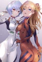 Rule 34 | 2girls, @shun, absurdres, ass, ayanami rei, blue hair, bodysuit, breasts, commentary request, covered erect nipples, curvy, gloves, gradient background, hair ornament, highres, huge ass, interface headset, long hair, long sleeves, looking at viewer, medium breasts, multiple girls, neon genesis evangelion, open mouth, orange hair, plugsuit, red bodysuit, red eyes, short hair, simple background, skin tight, smile, souryuu asuka langley, turtleneck, very long hair, white bodysuit, wide hips