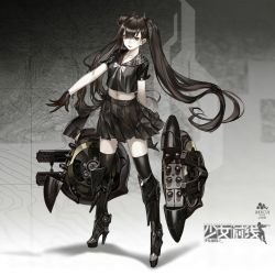 Rule 34 | 1girl, arm behind back, armor, armored boots, black eyes, black footwear, black gloves, black hair, black serafuku, black shirt, black skirt, black thighhighs, boots, bow, bowtie, collarbone, crop top, floating hair, full body, girls&#039; frontline, gloves, high heel boots, high heels, highres, infukun, knee boots, long hair, looking at viewer, midriff, miniskirt, navel, open mouth, platform boots, platform footwear, pleated skirt, school uniform, serafuku, shirt, short sleeves, skirt, smile, solo, standing, stomach, thighhighs, twintails, very long hair, white bow, white bowtie, zettai ryouiki