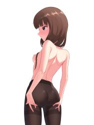 Rule 34 | 1girl, absurdres, ass, ass focus, ass grab, ass support, blush, breasts, brown eyes, brown hair, brown pantyhose, closed mouth, cowboy shot, from behind, grabbing own ass, highres, iino miko, kaguya-sama wa kokurasetai ~tensai-tachi no renai zunousen~, long hair, moriforests, nipples, pantyhose, profile, shiny clothes, shiny skin, simple background, small breasts, solo, topless, white background