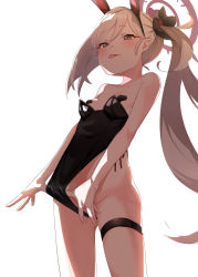 Rule 34 | 1girl, absurdres, alternate costume, animal ears, black leotard, blue archive, breasts, fake animal ears, grey hair, hair ornament, halo, heart pasties, highres, leotard, leotard pull, long hair, looking at viewer, mutsuki (blue archive), pasties, playboy bunny, pointy ears, ponytail, purple eyes, rabbit ears, side ponytail, simple background, small breasts, solo, thigh strap, tongue, tongue out, umashio, very long hair, white background