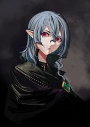 Rule 34 | 1girl, black cape, brooch, cape, closed mouth, grey hair, hair between eyes, head tilt, highres, jewelry, looking at viewer, pointy ears, red eyes, remilia scarlet, shukusuri, slit pupils, solo, touhou, upper body