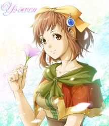 Rule 34 | 1girl, bad id, bad pixiv id, brown eyes, brown hair, capelet, copyright name, falcom, flower, hair ornament, hairband, hairclip, holding, light smile, looking at viewer, maya (ys), petals, ribbon, rioreo, solo, sparkle, yellow ribbon, ys, ys seven