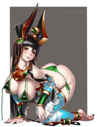 Rule 34 | 1girl, all fours, anklet, ass, bare shoulders, barefoot, bikini, black hair, black nails, blunt bangs, bracelet, breasts, egyptian clothes, envenomist (gengoroumaru), fingernails, full body, green bikini, half-closed eyes, highres, jewelry, large breasts, lips, long fingernails, long hair, looking at viewer, lucent heart, nail polish, nipples, nose, red eyes, sharp fingernails, sharp toenails, side-tie bikini bottom, simple background, smile, solo, string bikini, swimsuit, toenails, transparent background, untied bikini