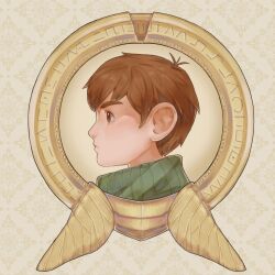 Rule 34 | 1boy, border, brown eyes, brown hair, chilchuck tims, closed mouth, coin, commentary, dungeon meshi, english commentary, from side, green scarf, halfling, highres, insect wings, jinaxxo, looking ahead, male focus, ornate border, portrait, profile, scarf, short hair, solo, wings