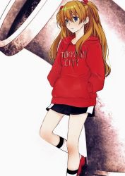 Rule 34 | 1girl, black shorts, blue eyes, brown hair, closed mouth, clothes writing, frown, hair between eyes, hands in pocket, headgear, hood, hood down, hooded sweater, long hair, n0lilica, neon genesis evangelion, red footwear, red sweater, short shorts, shorts, solo, souryuu asuka langley, standing, sweater, twintails, very long hair, white background, white legwear