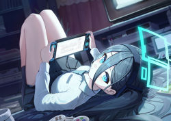 Rule 34 | 1girl, :o, aris (blue archive), black hair, black hairband, black skirt, blue archive, blue eyes, blue necktie, controller, game controller, game request, hair between eyes, hairband, halo, handheld game console, highres, holding, holding handheld game console, hutosutoro, indoors, long hair, long sleeves, looking at viewer, lying, necktie, on back, shirt, side ponytail, skirt, solo, thighs, very long hair, white shirt