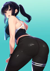 Rule 34 | 1girl, ass, bare shoulders, black hair, black pants, blue background, blush, breasts, brown eyes, commentary request, from behind, highres, kagematsuri, lips, long hair, looking at viewer, looking back, medium breasts, open mouth, original, pants, pantylines, ponytail, shiny clothes, shiny skin, sidelocks, sleeveless, solo, spandex, towel, towel around neck, watch, wristwatch
