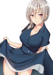 Rule 34 | 1girl, blue dress, blush, breasts, cleavage, closed mouth, clothes lift, contrapposto, copyright request, cowboy shot, dress, dress lift, eyes visible through hair, grey hair, hair between eyes, hair over shoulder, large breasts, looking at viewer, original, pallad, red eyes, simple background, smile, solo, standing, white background