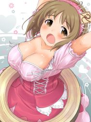 Rule 34 | 10s, 1girl, :o, arms up, bad id, bad pixiv id, blush, breasts, brown eyes, brown hair, cleavage, from above, hairband, idolmaster, idolmaster cinderella girls, large breasts, mimura kanako, open mouth, plump, poponpin, solo, sweat