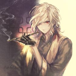 Rule 34 | 1boy, bishounen, black gloves, chinese clothes, edmond dantes (fate), fate/grand order, fate (series), gloves, holding, holding smoking pipe, koshika rina, male focus, red eyes, scarf, smoking, smoking pipe, solo, stole, white hair