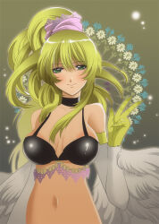 Rule 34 | 1girl, aikosu (icos), animal hands, blonde hair, blush, breasts, choker, cleavage, duel monster, feathered wings, feathers, green eyes, harpie dancer, harpy, large breasts, long hair, looking at viewer, monster girl, navel, ponytail, solo, v, white feathers, white wings, winged arms, wings, yu-gi-oh!