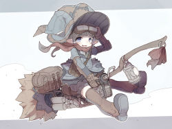 Rule 34 | 1girl, backpack, bag, blue eyes, boots, broom, broom riding, commentary, crab man, engine, exhaust pipe, gloves, goggles, goggles on head, hat, lantern, original, pointy ears, pouch, scarf, short hair, shorts, simple background, solo, thigh boots, thighhighs, unworn backpack, unworn bag, witch, witch hat