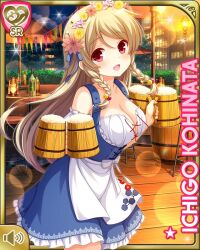 Rule 34 | 1girl, :d, apron, bare legs, beer mug, blonde hair, blue dress, bow, braid, breasts, card, character name, cleavage, cup, dress, flower, flower on head, girlfriend (kari), hair ornament, hairclip, indoors, kohinata ichigo, large breasts, long hair, mug, night, official art, open mouth, qp:flapper, red eyes, smile, tagme, white apron