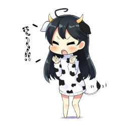 Rule 34 | 10s, 1girl, ahoge, alternate costume, animal ears, animal print, black hair, chibi, closed eyes, cow ears, cow horns, cow print, cow tail, dress, horns, kantai collection, kemonomimi mode, kurono nekomaru, long hair, looking at viewer, open mouth, pun, simple background, solo, tail, translation request, ushio (kancolle), white background
