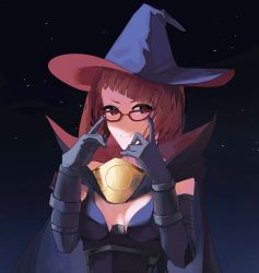 Rule 34 | 1girl, adjusting eyewear, breasts, cleavage, closed mouth, commission, commissioner upload, diagonal bangs, fire emblem, fire emblem awakening, hat, highres, keycinnmon, looking at viewer, medium breasts, medium hair, miriel (fire emblem), night, night sky, nintendo, non-web source, official alternate costume, red eyes, red eyewear, red hair, sky, star (sky), starry sky, witch hat