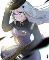 Rule 34 | 1girl, assault rifle, beret, black hat, female focus, girls&#039; frontline, green eyes, gun, h&amp;k hk416, hair between eyes, hair ornament, hat, highres, hk416 (girls&#039; frontline), holding, holding weapon, long hair, looking at viewer, open mouth, rifle, silver hair, simple background, solo, tagme, weapon, white background, yossi art