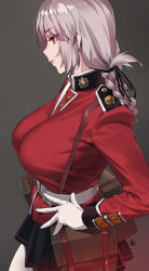 Rule 34 | 1girl, bag, belt, braid, breasts, brown background, epaulettes, fate/grand order, fate (series), florence nightingale (fate), gloves, hair ribbon, hand on own hip, high collar, highres, jacket, large breasts, miniskirt, pink hair, pleated skirt, profile, red eyes, red jacket, ribbon, shoulder bag, signature, simple background, skirt, solo, strap, uniform, white belt, white gloves, yd (orange maru)
