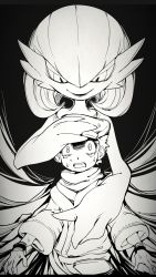 Rule 34 | 1boy, 1girl, alpha pokemon, black background, bob cut, cabbie hat, constricted pupils, creatures (company), game freak, gardevoir, gen 3 pokemon, greyscale, hair between eyes, half-closed eyes, hand on another&#039;s chest, hand on another&#039;s head, happy, hat, highres, horror (theme), hug, hug from behind, imaat, japanese clothes, kimono, layered sleeves, long sleeves, looking at another, looking at viewer, looking down, monochrome, nintendo, open mouth, pokemon, pokemon (creature), pokemon legends: arceus, rei (pokemon), sash, scared, scarf, short hair, simple background, smile, standing, straight-on, sweat, tears, teeth, upper body, wide-eyed, wide sleeves, yandere