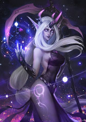 Rule 34 | 1girl, aquarius (constellation), bare shoulders, breasts, bridal gauntlets, cancer (constellation), capricorn (constellation), colored skin, constellation, dark persona, earrings, fake horns, gemini (constellation), horned headwear, horns, jewelry, league of legends, leg tattoo, leo (constellation), libra (constellation), lipstick, long hair, looking at viewer, makeup, nail polish, parted lips, pointy ears, purple eyes, purple skin, sagittarius (constellation), scorpius (constellation), scythe, sideboob, signature, single horn, solo, soraka (league of legends), tattoo, taurus (constellation), very long hair, virgo (constellation), watermark, white hair, xiaoguimist