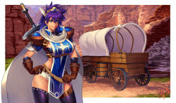 Rule 34 | 1girl, barrel, belt, black bra, border, bra, breasts, brown belt, brown gloves, cape, carriage, closed mouth, commentary request, contrapposto, cowboy shot, day, earrings, fantasy, gem, gloves, grass, green eyes, hair between eyes, hairband, hand on own hip, high collar, highres, jewelry, large breasts, leather, leather gloves, long hair, looking away, ogami, original, outdoors, outside border, purple hair, purple legwear, short shorts, short sleeves, shorts, signature, smile, solo, spiked hair, standing, sword, tabard, thick eyebrows, thigh strap, tiara, underwear, warrior, weapon, weapon on back, white border, white cape, white shorts, winged hairband