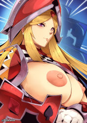 Rule 34 | 1girl, armor, armored dress, blonde hair, breasts, breasts out, clothes, female focus, gloves, helmet, highres, holding, knight, large breasts, long hair, looking at viewer, nipples, orphen (pink seito), purple eyes, queen&#039;s knight, smile, solo, white gloves, yu-gi-oh!
