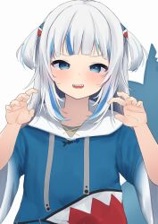 Rule 34 | 1girl, :d, absurdres, blue eyes, blue hair, blue hoodie, blunt bangs, blush, claw pose, commentary, embarrassed, female focus, fingernails, fins, fish tail, gawr gura, gawr gura (1st costume), grey hair, hair ornament, highres, hololive, hololive english, hood, hood down, hoodie, long hair, long sleeves, looking at viewer, multicolored hair, open mouth, shark girl, shark hair ornament, shark tail, sharp teeth, sleeves rolled up, smile, solo, streaked hair, tail, takku (t oekakidaisuki), teeth, two side up, upper body, upper teeth only, virtual youtuber, w arms, wide sleeves