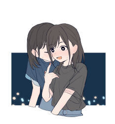 Rule 34 | 2girls, :d, animification, black shirt, blue shirt, blue shorts, blush, brown hair, character request, coldcat., cropped arms, cropped torso, dot nose, ear blush, flat color, highres, index finger raised, kissing ear, leaning forward, long hair, looking ahead, love live!, love live! superstar!!, multiple girls, nail polish, nose blush, o-ring, open mouth, raised eyebrows, red nails, shirt, short sleeves, shorts, sidelocks, simple background, smile, surprised, sweatdrop, white background, wide-eyed, yuri