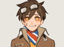 Rule 34 | 1girl, aged down, bandaid, bandaid on cheek, bandaid on face, bandana, bjmaki, bomber jacket, brown hair, brown jacket, character name, commentary, freckles, goggles, goggles on head, grin, hair between eyes, jacket, looking at viewer, open clothes, open jacket, overwatch, overwatch 1, short hair, simple background, smile, solo, spiked hair, tracer (overwatch), track jacket, union jack, upper body, yellow eyes
