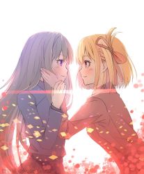 Rule 34 | 2girls, backlighting, bad id, bad twitter id, blush, eye contact, from side, hair ribbon, hands on another&#039;s face, long hair, looking at another, lycoris recoil, multiple girls, petals, profile, purple eyes, ribbon, shiroi karasu, smile, yuri