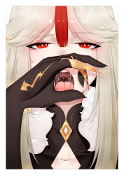 Rule 34 | 1girl, absurdres, black gloves, claw ring, collarbone, commentary request, feather boa, fellatio gesture, genshin impact, gloves, hair ornament, highres, long hair, looking at viewer, ningguang (genshin impact), open mouth, parted bangs, red eyes, saliva, solo, tongue, white background, white hair, yinqianren