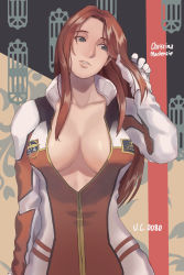 Rule 34 | 1girl, absurdres, breasts, character name, christina mackenzie, collarbone, green eyes, gundam, gundam 0080, head tilt, highres, jinri shijie, long hair, looking to the side, medium breasts, nose, parted hair, parted lips, pilot suit, red hair, solo, upper body, wide hips