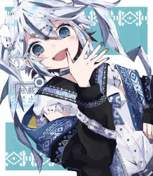 Rule 34 | bloomminority, blue hair, blush, choker, fangs, fantasy, gender request, hair ornament, hairpin, highres, long hair, long sleeves, looking at viewer, multicolored hair, nail polish, open mouth, original, solo, star (symbol), twintails, white hair
