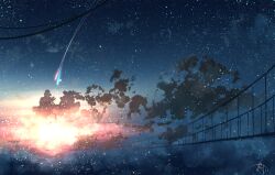Rule 34 | absurdres, bridge, chinese commentary, cloud, comet, commentary request, highres, night, night sky, no humans, original, outdoors, rune xiao, scenery, signature, sky, star (sky), starry sky, still life, sunset