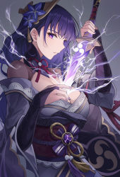 Rule 34 | 1girl, breasts, bridal gauntlets, cleavage, closed mouth, commentary request, electricity, flower, genshin impact, grey background, hair flower, hair ornament, hand on own chest, highres, holding, holding sword, holding weapon, human scabbard, japanese clothes, kimono, large breasts, long hair, long sleeves, looking at viewer, mitsudomoe (shape), mole, mole under eye, nail polish, purple eyes, purple flower, purple hair, purple nails, raiden shogun, ribbon, sash, simple background, solo, sukuemon, sword, tassel, tomoe (symbol), weapon, wide sleeves