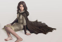 Rule 34 | 1girl, absurdres, barefoot, black cloak, brown hair, cloak, dress, elden ring, feet, foot out of frame, forehead, from software, grey dress, grey eyes, highres, hood, hood down, hooded cloak, lips, looking at viewer, medium hair, melina (elden ring), mixed-language commentary, one-eyed, pink lips, scar, scar across eye, scar on face, simple background, sitting, smile, soles, solo, toes, white background, xianggang jizhe