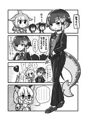 Rule 34 | 5girls, alternate costume, animal ears, bare shoulders, blowhole, blush, bow, bowtie, cat ears, cetacean tail, chinese white dolphin (kemono friends), choker, collared shirt, comic, dorsal fin, elbow gloves, fins, fish tail, formal, glasses, gloves, greyscale, hair bow, headphones, highres, humboldt penguin (kemono friends), kemono friends, kotobuki (tiny life), long hair, long sleeves, margay (kemono friends), margay print, monochrome, multiple girls, narwhal (kemono friends), necktie, print gloves, print neckwear, puffy short sleeves, puffy sleeves, rockhopper penguin (kemono friends), sailor collar, shirt, short hair, short hair with long locks, short sleeves, short twintails, sleeveless, suit, sweatdrop, tail, translation request, twintails