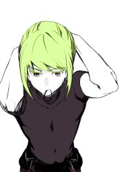 Rule 34 | 1boy, green hair, highres, lio fotia, male focus, mikanhumi, mouth hold, navel, ponytail, promare, purple eyes, short hair, solo, tying hair, white background