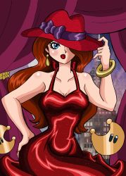 Rule 34 | 1girl, blue eyes, breasts, brown hair, building, cleavage, donkey kong (series), dress, earrings, eyeshadow, hand on own hip, hand up, hat, highres, jewelry, lights, lipstick, long hair, looking at viewer, makeup, mario (series), mayor, moon, nail polish, night, nintendo, pauline (mario), red dress, red hat, serious, solo, standing, super mario bros. 1, super mario odyssey, window