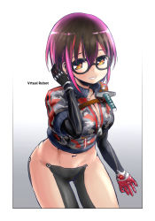 Rule 34 | 1girl, android, black-framed eyewear, black gloves, breasts, brown hair, camouflage, cleavage, cowboy shot, glasses, gloves, gouta (nagishiro6624), hair between eyes, highres, hololive, large breasts, looking at viewer, mechanical arms, roboco-san, roboco-san (1st costume), short hair, simple background, smile, solo, virtual youtuber, yellow eyes