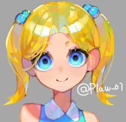 1girl blonde_hair blue_eyes blush bubbles_(ppg) closed_mouth commentary looking_at_viewer n._(plaw_01) portrait powerpuff_girls simple_background sleeveless smile solo twintails twitter_username wing_collar